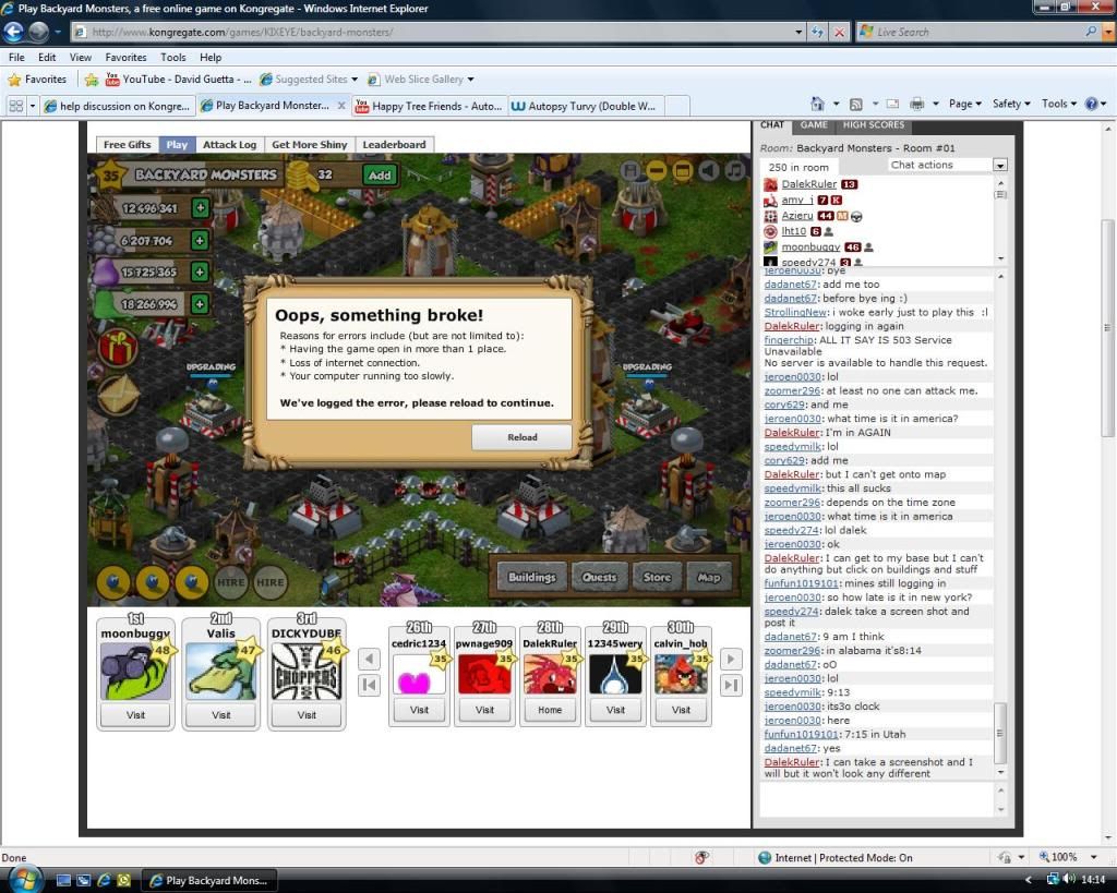Backyard Monsters Oops Something Broke Message Due To Server