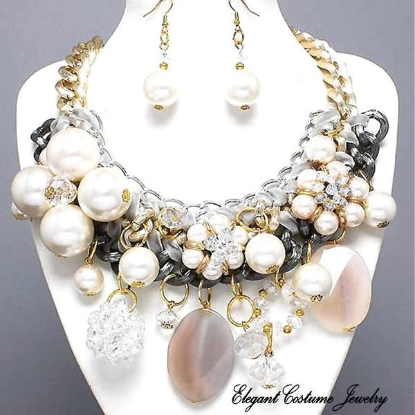 Chunky Cream Pearl Statement Necklace Set WOW Elegant Costume Jewelry