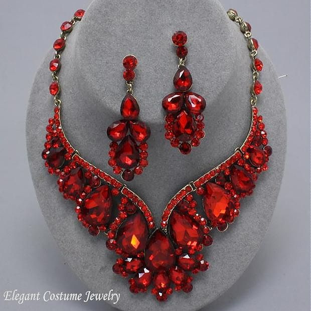 Brilliant Ruby Red Prom Formal Necklace Set Chunky Elegant Costume Jewelry eBay