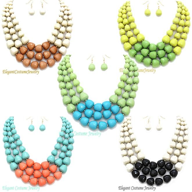 Lime Green Stone & Shell Statement Chunky Necklace Set Elegant Costume