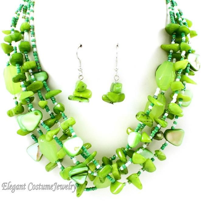 Lime Green Stone & Shell Bead Necklace Set Chunky Elegant Costume