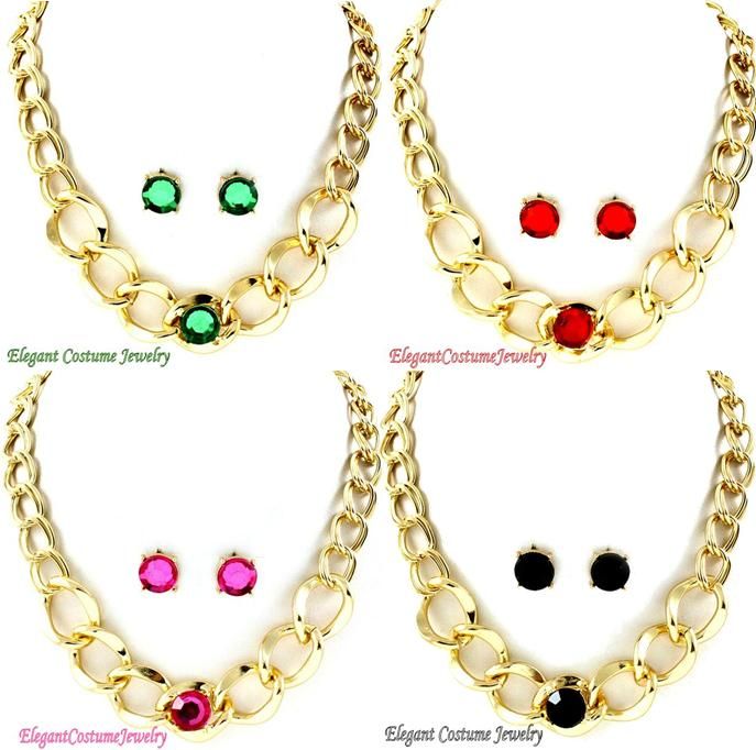 Black Crystal Chunky Statement Gold Chain Necklace Set Elegant Costume Jewelry