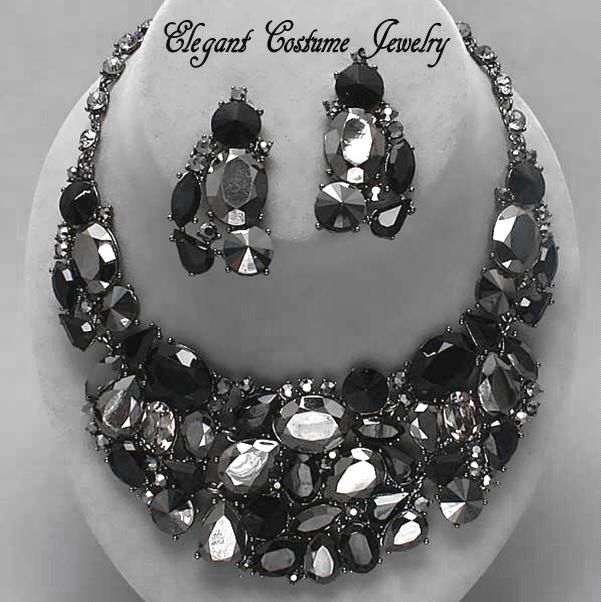 Chunky Black Bridal Formal Prom Crystal Necklace Set Elegant Wedding