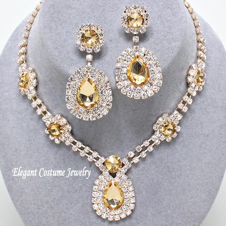 Gold Champagne Crystal Necklace Set Chunky Elegant Prom Formal Costume Jewelry