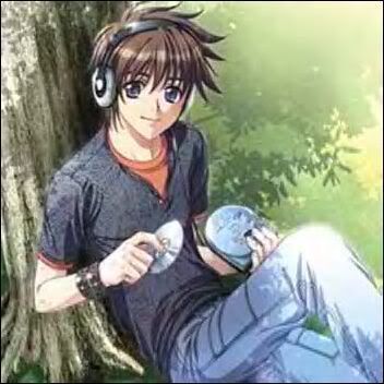 Anime,Guy,boy,music,headset,tree,sitting,sit,brown,blue,smile