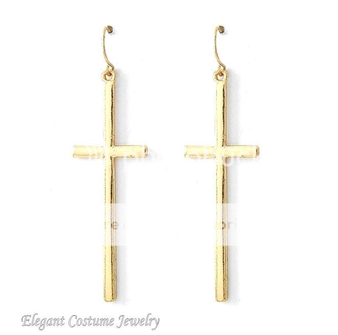 Gold Cross Earrings 2 Long Contemporary Design Elegant Costume 
