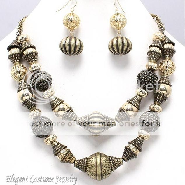 Burnished Gold Bead Chunky Necklace Set Elegant Costume Jewelry