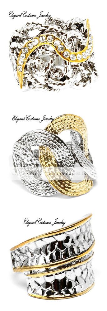 Elegant Crystal Silver & Gold Stretch Ring Costume Jewelry  