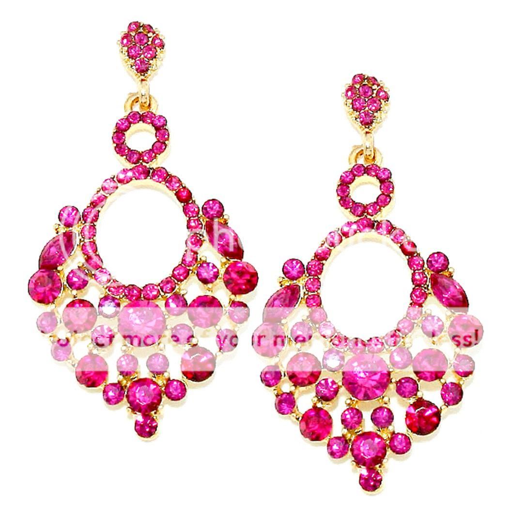 Hot Pink Round Rhinestone Crystal Earrings Elegant Formal Prom Evening ...