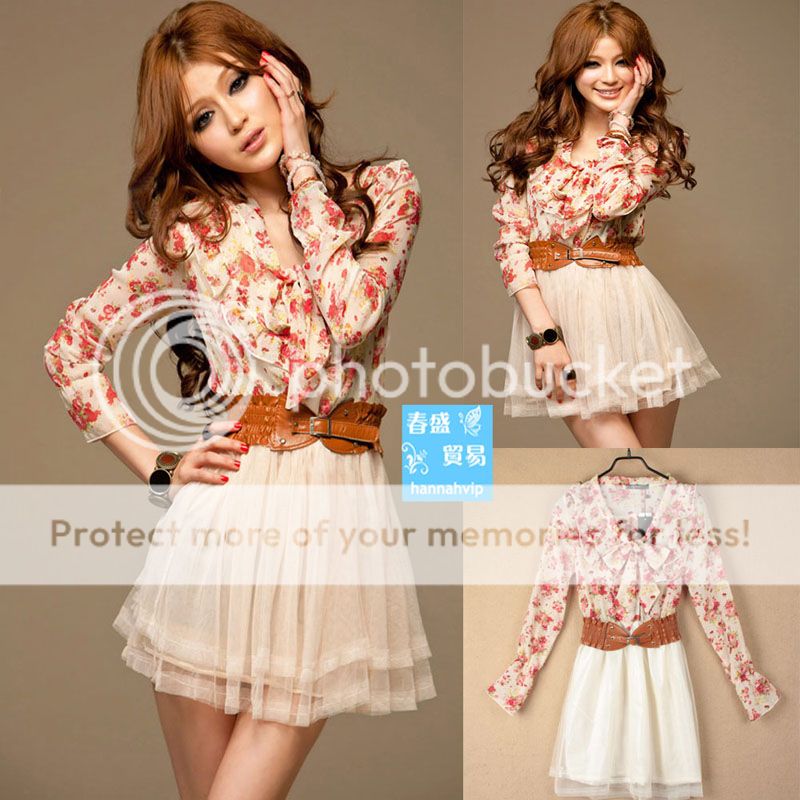  Women Stylish Chiffon Floral Bowtie Tunic Tulle Dress PF558 US  